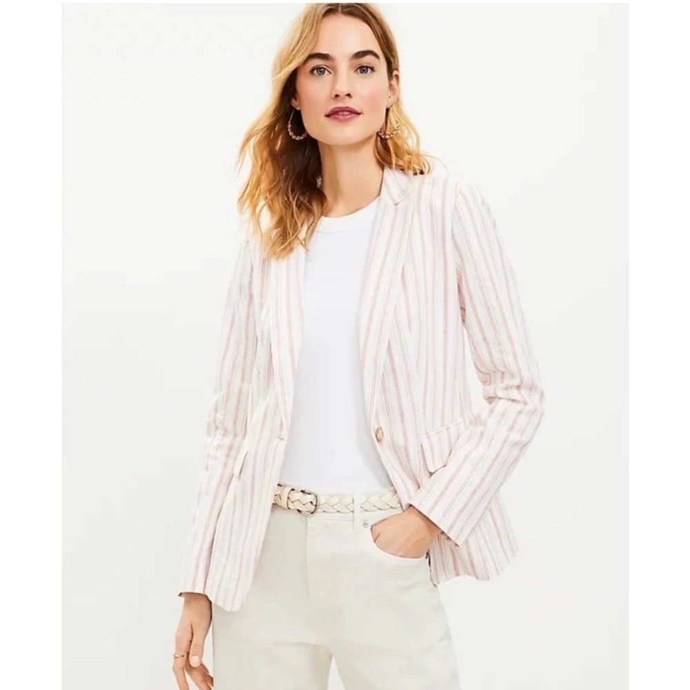 LOFT Women's‎ Striped Linen Blend Modern One-Button Blazer Size 4 Lined Pockets
